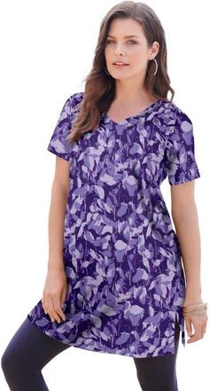 Roaman's Plus Size Ultimate Cotton V-Neck Short Sleeve Tunic in Violet Textured Leaves at Nordstrom, Size Medium