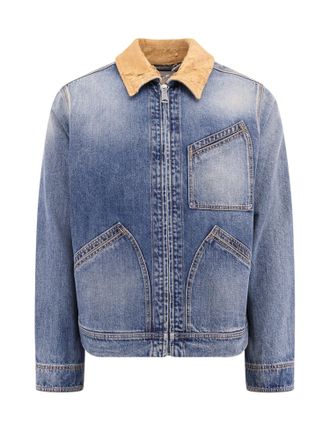 Alexander McQueen Washed Blue Ddenim Jacket With Suede Collar-Uomo