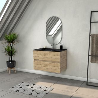 Aurlane Aurlane - Mueble De Ba&ntilde;o 80cm Con 2 Cajones Aspecto Roble Natural + Lavabo Negro Y Espejo Ovalado