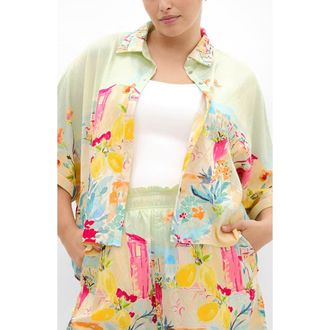 City Chic Sorrento Relaxed Fit Button-Up Shirt in Sorrento Summer at Nordstrom, Size Xxxs