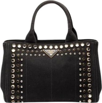 Prada Pre-owned Tote Bags, female, Black, Size: ONE SIZE Pre-owned Studded Canvas Satchel