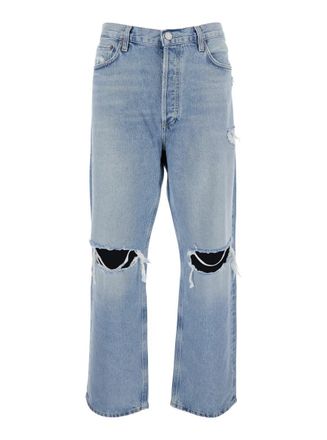 A Gold E Light Blue Jeans With Ripped Details On The Front And Logo Patch On The Front In Denim Man