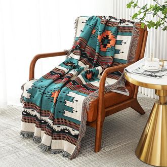 OEM Manta Estilo Bohemio Azteca Con Pompones, 160220 Cm, Verde Bosque, Reversible, Para El Hogar/oficina/viajes