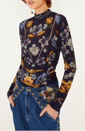 Farm Rio Golden Nature Mock Neck Top in Golden Nature Navy B at Nordstrom, Size Xx-Small