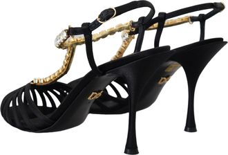 Dolce & Gabbana Womens Black Satin Clear Crystal T-Strap Sandal Shoes Silk