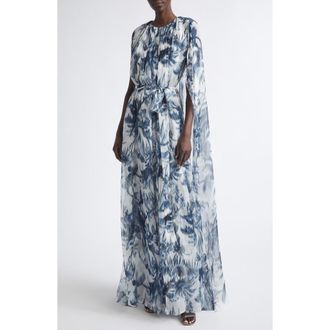 Oscar De La Renta Chin&eacute; Palm Leaves Print Silk Caftan in Navy/white at Nordstrom, Size X-Large
