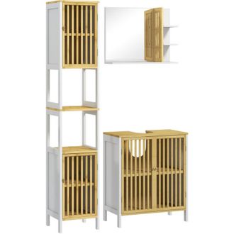 HOMCOM Homcom - Conjunto De Ba&ntilde;o Incluye 1 Mueble Para Debajo Del Lavabo 1 Columna De Ba&ntilde;o Y 1 Espejo De Ba&ntilde;o Rectangular Con Puerta De Bamb&uacute; Estilo Moderno 