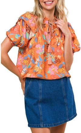 Flying Tomato Printed Split Neck Top in Camel at Nordstrom Rack, Size Small