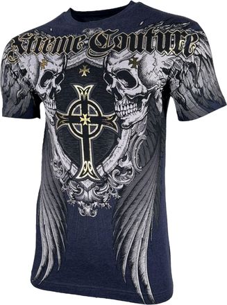 Xtreme Couture by Affliction Mens T-Shirt Silent Scream, Navy Blue, Gothic Wing Skull Design Short Sleeve, Blue Heather (Pulverize), Large