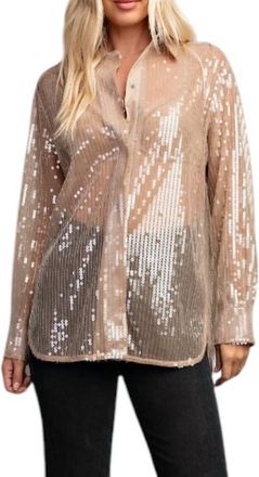 Glam Sequin Collard Button Down Shirt In Taupe