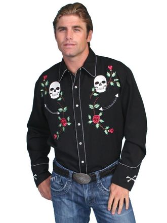 Scully Mens Skull and Roses Embroidered Retro Western Shirt Black Large