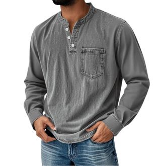 Generic Mens Shirts Henley Shirts for Men Water Washed Long Sleeve Rugby Polo Shirt Casual Distressed V Neck Pullover Sweatshirts Pocket Grey 5X-Large