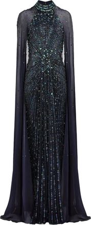 Jenny Packham Abito lungo con mantella decorata - Nero