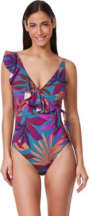 Gottex Plantopia V-Neck Surplice Ruffle One Piece in Multi-Teal at Nordstrom, Size 14
