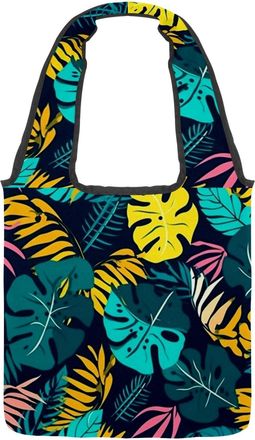 Generic Tropical Leaves Pattern Reversible Canvas Shoulder Tote - Double-Sided Print, 12oz Cotton, 27cm Drop, Fold-Flat Bag for Travel, Shopping, Street Outin