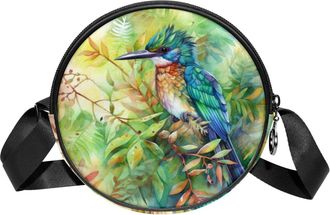 Generic Circle Crossbody Bag for Women, Green Bird Leaf Small Sling Bag Daypack with Zipper Adjustable Shoulder Straps Casual Ladies Girls Round Purse