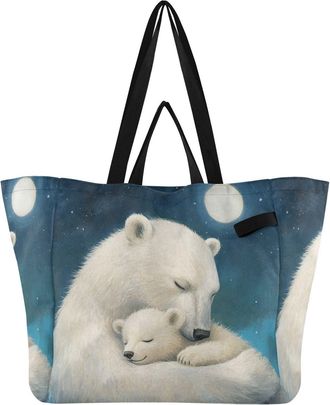 Generic White Polar Bear pattern Reusable Canvas Tote Bag, Heavy Duty Grocery Shopping Bag with Hard Bottom Double Handles Large Capacity Work Groceries Trave