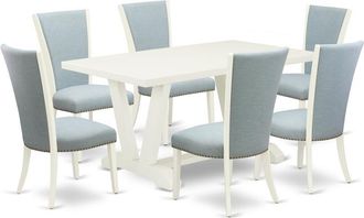 East West Furniture 7 Piece Dining Room Table Set - 6 Baby Blue Linen Fabric Dinning Room Chairs with Nailheads and Linen White Dining Room Table