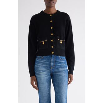 Chlo&eacute; Horse Capsule Medal Button Merino Wool & Cashmere Cardigan in Black at Nordstrom, Size X-Large