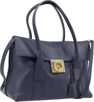 Ferragamo Vintage Gancini Top Handle Leather Navy Leather Handbag (Pre-Owned)