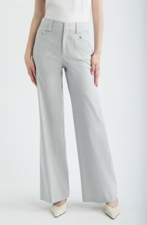 Frame Denim The Modernist Stripe Button Pocket High Waist Wide Leg Pants in Navy Multi at Nordstrom, Size 16