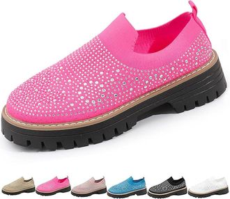 Generic Womens Knitted Platform Slip On Rhinestone Loafers, Orthopedic Chunky Loafers Breathable Mesh Sparkly Glitter Walking Shoes (7.5,Rose Red)