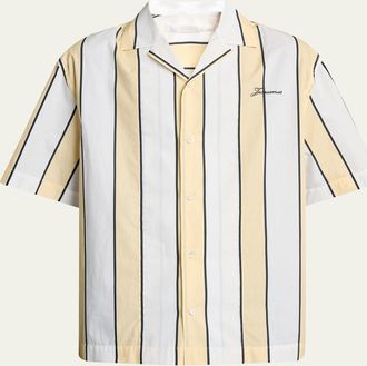 Jacquemus Mens Cotton Stripe Logo Camp Shirt