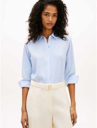 Tommy Hilfiger Womens Striped Crepe Shirt - Blue - XL
