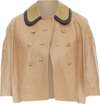 Marni brown leather green black dup collar cropped double breast jacket IT36 XXS