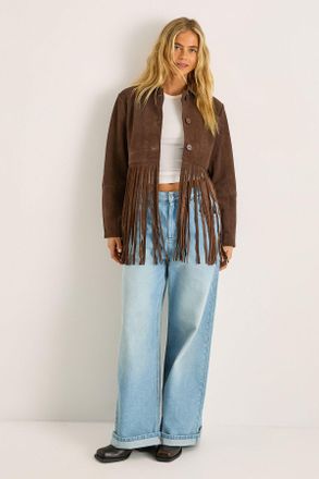 NASTY GAL Womens Real Suede Fringe Jacket - Chocolate Leather - Size 10 UK