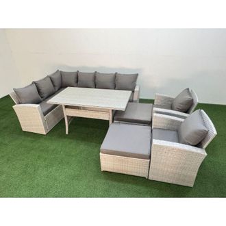 Fimous 10 Seater Rattan Garden Furniture Set Outdoor Patio Dining Corner Sofa Sets with Dining Table 2 Chairs Big Footstools Light Grey Mixed - Fimous