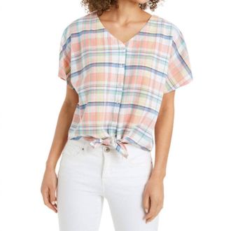 Style & Co. Womens Petite Tie Front Blouse In Madras Plaid