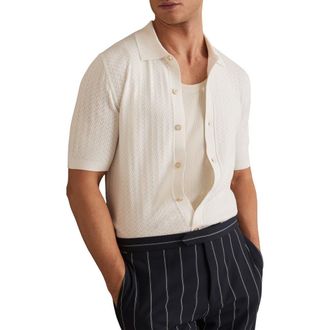 Reiss Thames Pointelle Knit Short Sleeve Button-Up Shirt in White at Nordstrom Rack, Size Small