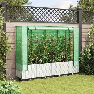 Berkfield Home Raised Bed with Greenhouse Cover Rattan Look 160x40x138 cm in White | Size: 160 x 40 x 138 cm
