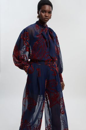 Karen Millen Womens Paisley Devore Woven Pussy Bow Blouse - Navy Polyamide - Size 10 UK