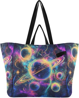 Generic Planet Neon Blue print Reusable Canvas Tote Bag, Heavy Duty Grocery Shopping Bag with Hard Bottom Large Capacity Double Handles Work Groceries Travel