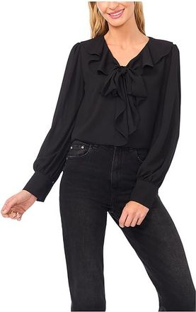 CeCe by Cynthia Steffe Long Sleeve Ruffle Tie Neck Top Womens Clothing Rich Black : XL, Polyester