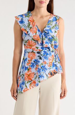 Elie Tahari The Sloane Silk Wrap Top in Pool Blue Floral at Nordstrom Rack, Size 12