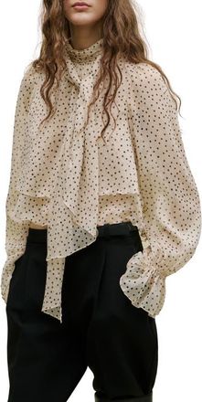 Mango Polka Dot Tie Neck Top in Ecru at Nordstrom, Size 8