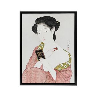Artery8 Woman Applying Powder Portrait Framed Canvas Wall Art Print Hashiguchi in Pink | Size: W24 x H32