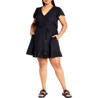 City Chic Betty Flutter Sleeve Button Front Tie Waist Dress in Black at Nordstrom Rack, Size Xs/14W