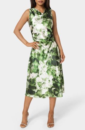 Bebe Floral Cowl Neck Sleeveless Satin Midi Dress in Olive /Multi at Nordstrom Rack, Size X-Small
