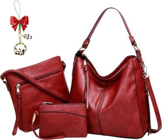 Generic Luxury Leather 3-Piece Hobo Bag Set, Soft Anti-Theft Crossbody Purse and Wallet Set, Shoulder Handbag for Women (Red)