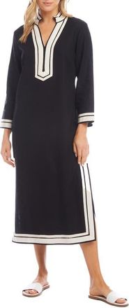 Karen Kane The St. Tropez Long Sleeve Linen Blend Midi Dress in Black/Cream at Nordstrom, Size Medium