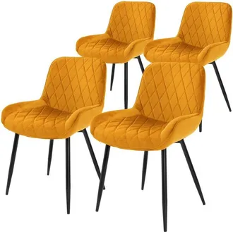 ML Design Ml-design - 4x Sillas De Comedor Ocre Estilo Retro Asiento Tapizado Aspecto De Terciopelo Patas De Metal Negras Con Respaldo Y Apoyabrazos Sill&oacute;n Para