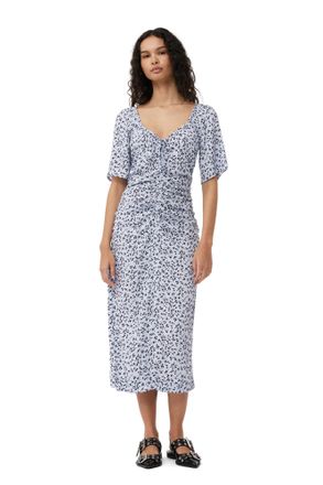 Ganni Blue Printed Crepe U-neck Midi Dress - Size 32 Viscose