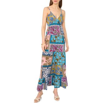 Halogen Patchwork Print Empire Waist Tiered Maxi Dress in Blue Multi at Nordstrom Rack, Size X-Small
