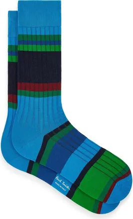 Paul Smith Stripe Rib Cotton Blend Dress Socks in 42_Turquoise at Nordstrom