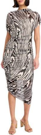Donna Morgan Bev Asymmetric Short Sleeve Ruched Mesh Midi Dress in Ivory/Black at Nordstrom Rack, Size X-Small