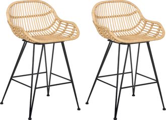 Beliani Conjunto De 2 Sillas De Bar Boho De Rat&aacute;n Comedor Cocina Patas De Hierro Natural Terrell